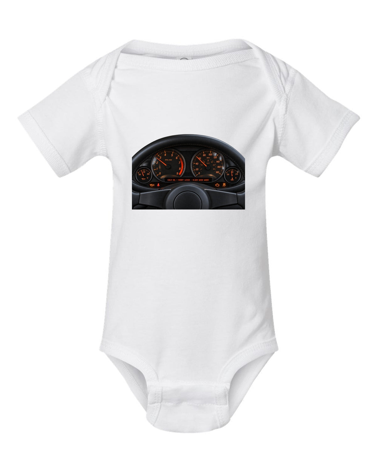 BMW E46 M3 coupe cockpit gauge print with cold oil short leash and 8,000 when warm text white baby onesie front view with the design