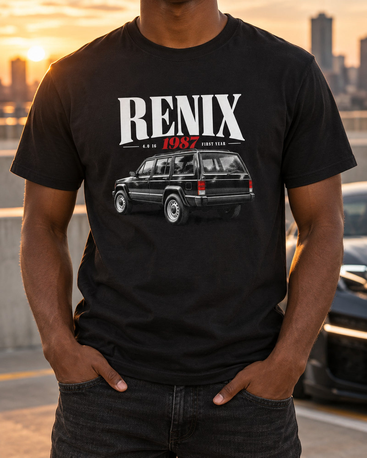 Jeep Cherokee XJ Renix 1987 4.0 I6 Editorial Graphic Tee T-Shirt Black worn hero
