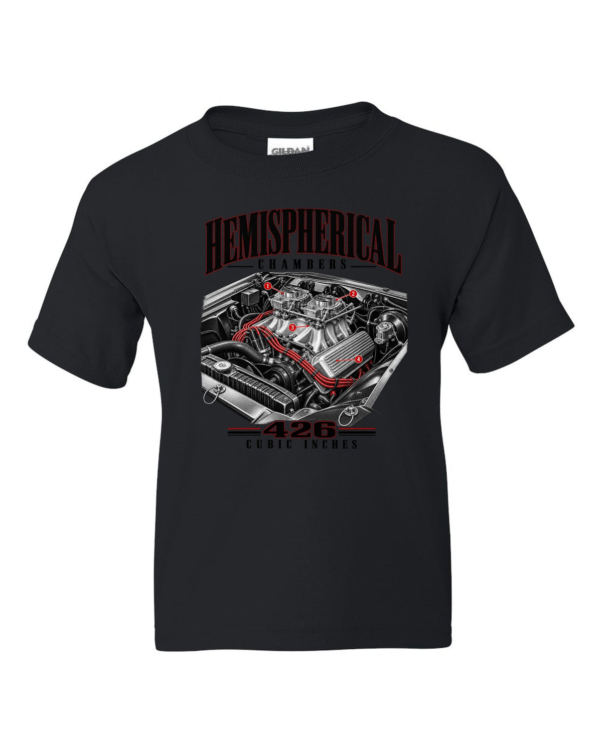 Engine hero print of a 1970 Plymouth Cuda E-body 426 Hemi black kids tee front view with the design
