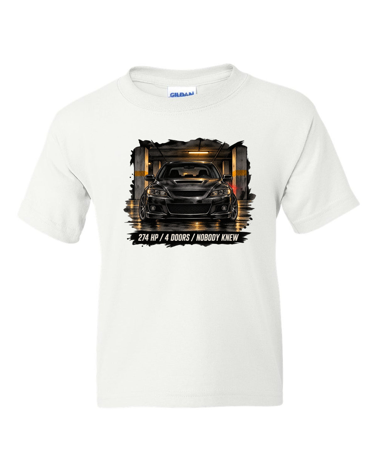 Noir ink wash illustration of a Mazdaspeed6 GG in a garage with 274 HP / 4 DOORS lettering white kids tee front view with the design