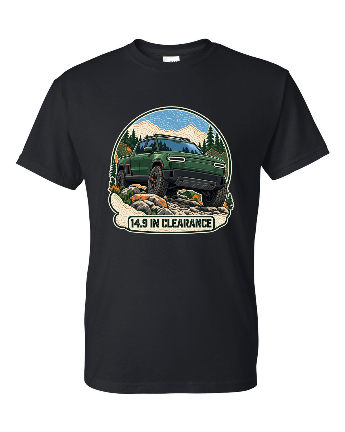 Topographic contour map illustration print of a Rivian R1T reading 14.9 In Clearance black t-shirt front view with the design