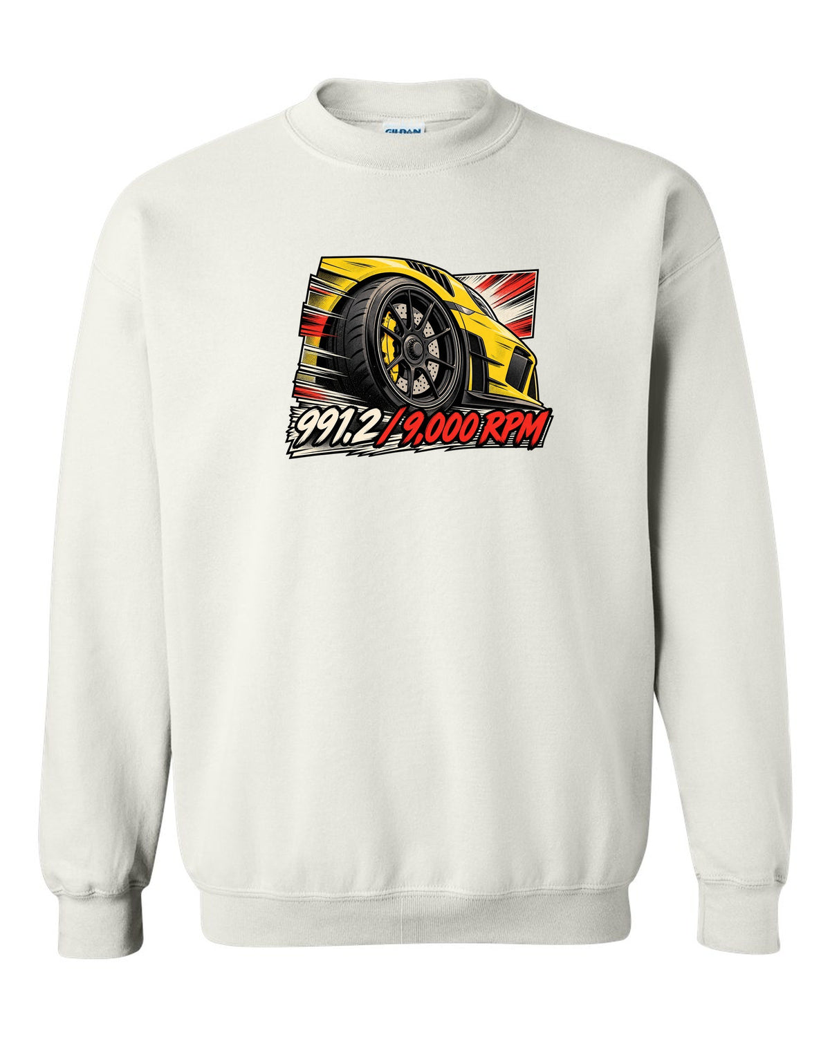 Porsche 991.2 GT3 RS retro manga panel with centre lock wheel and 9,000 RPM text white crewneck front view with the design