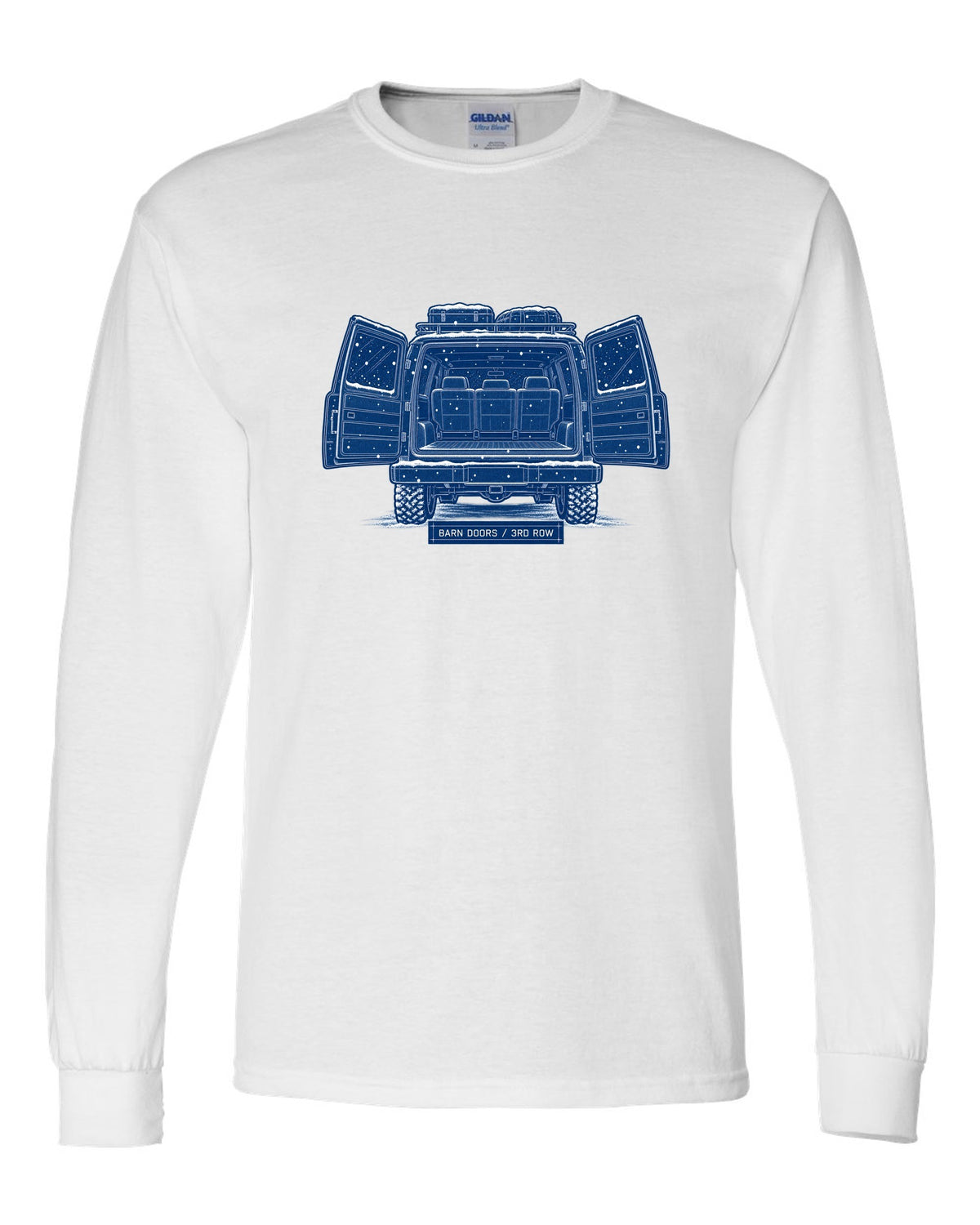 Cyanotype blueprint print of a 1992-1999 Chevrolet Suburban GMT400 with Barn Doors and 3rd Row text white long sleeve front view with the design