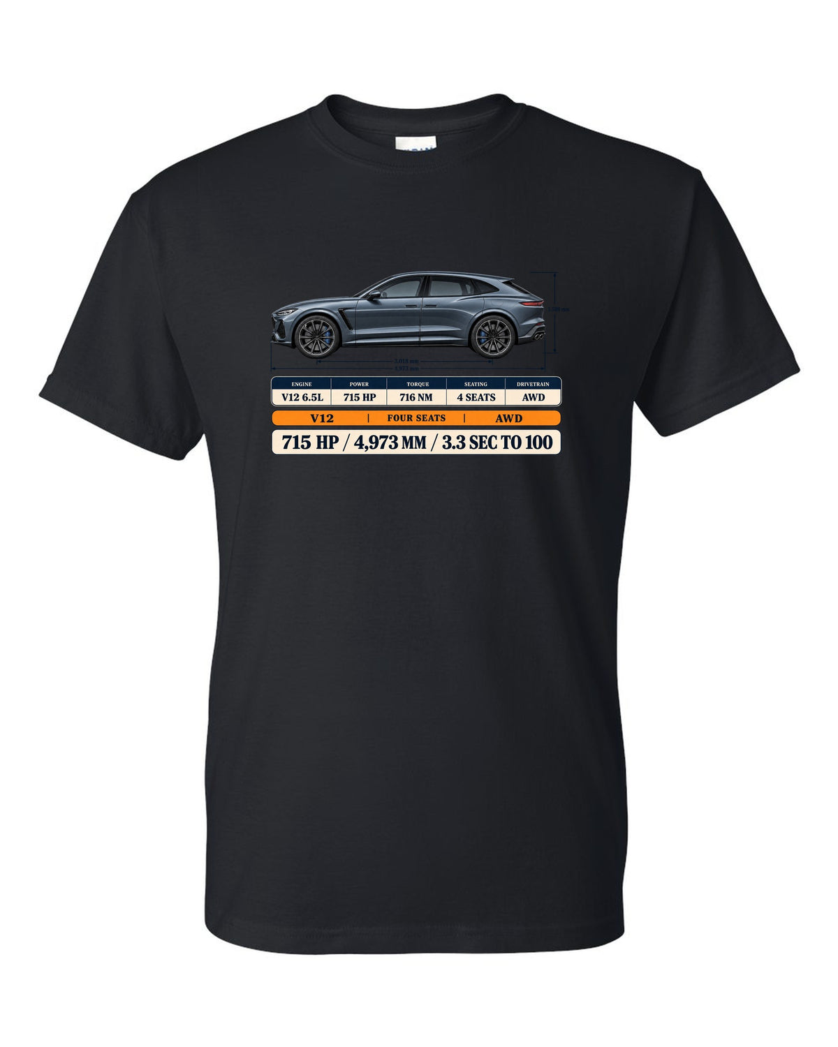 Spec poster print of the Ferrari Purosangue with power and length figures black t-shirt front view with the design