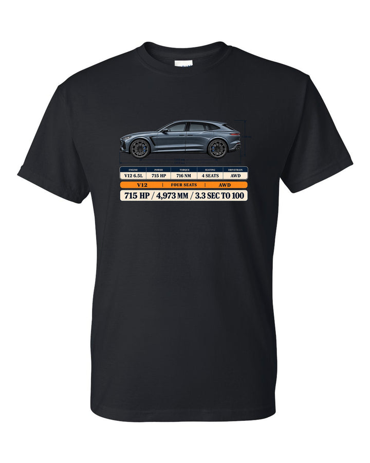 Spec poster print of the Ferrari Purosangue with power and length figures black t-shirt front view with the design