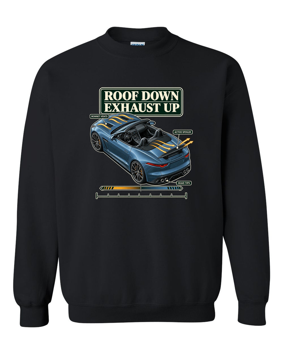 Aero cutaway callout print of the Jaguar F-Type R Convertible with roof down exhaust up text black crewneck front view with the design