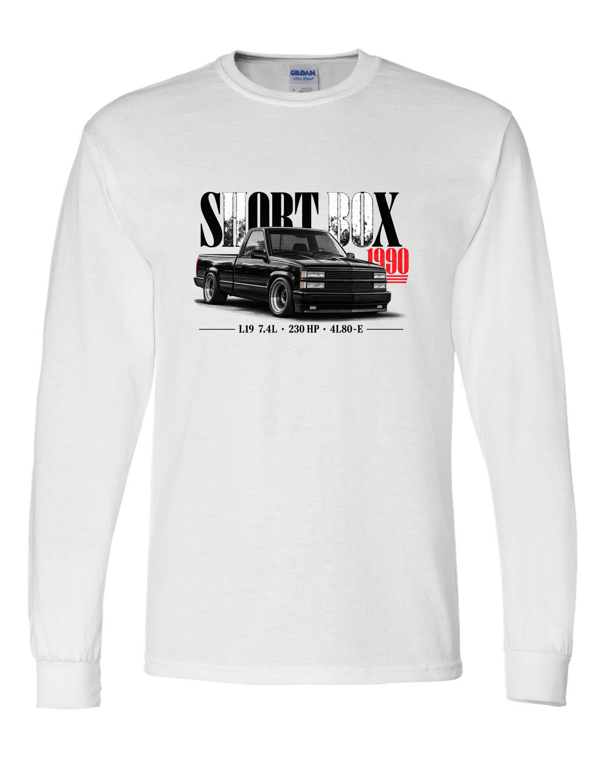 1990 Chevy 454 SS short box pickup editorial print white long sleeve front view with the design