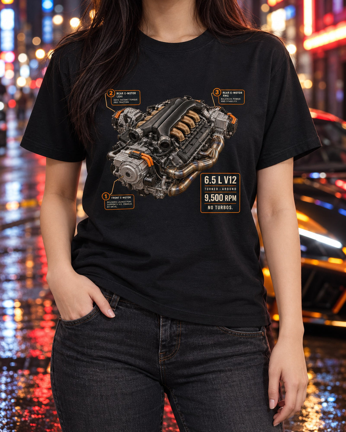 Lamborghini Revuelto L545 V12 Engine Hero Shirt, print T-Shirt Black worn hero
