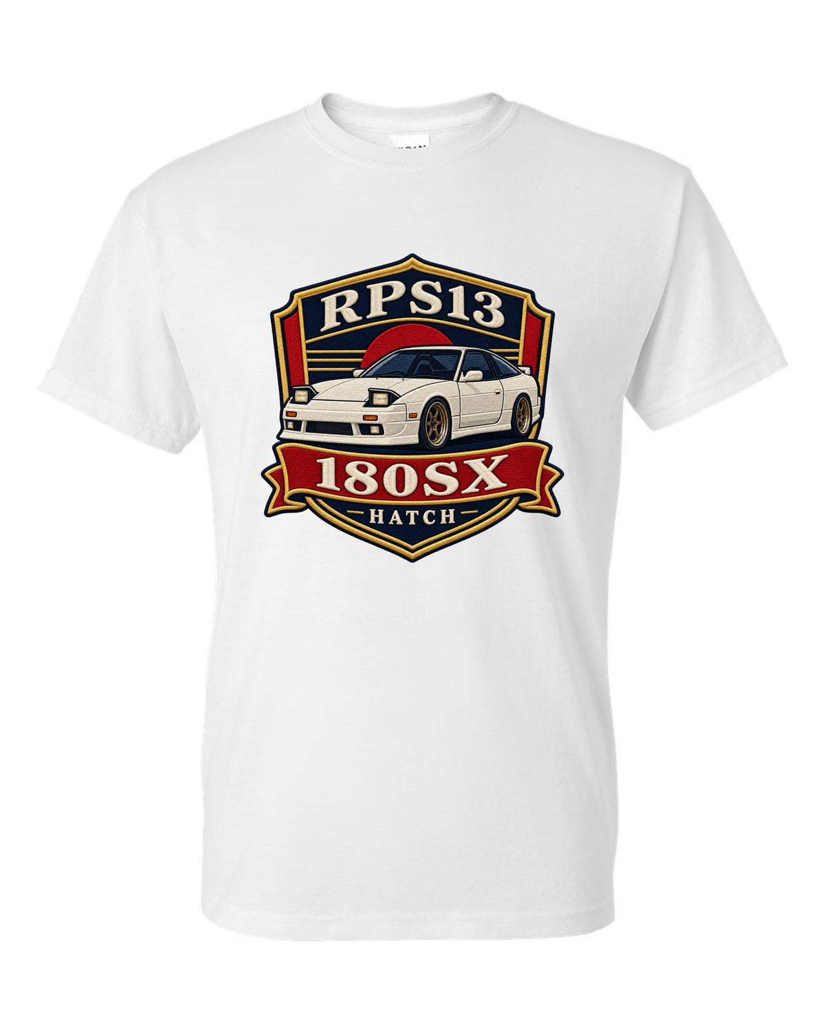 Shield crest print for the Nissan 180SX RPS13 chback white t-shirt front view with the design