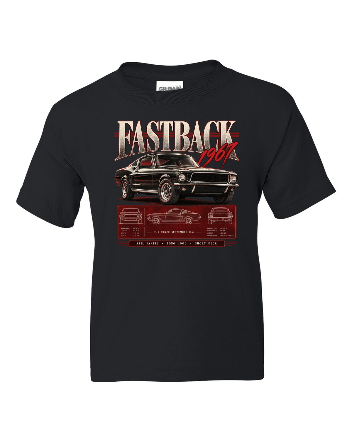 Archive panel illustration of a 1967 Ford Mustang fastback 2+2 with sail panel callouts black kids tee front view with the design
