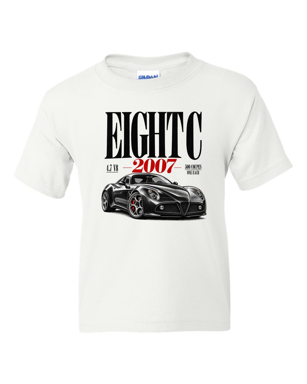 Editorial headline print for the Alfa Romeo 8C Competizione with 4.7 V8 text white kids tee front view with the design