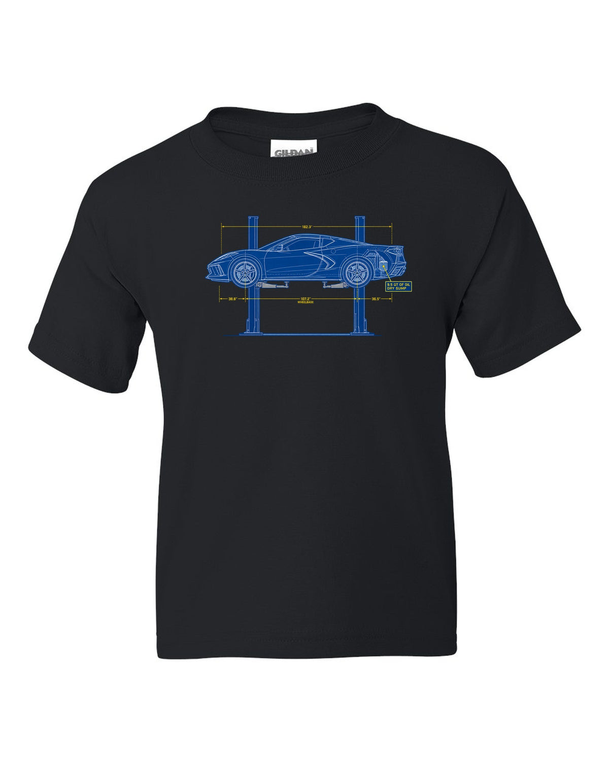 Retro manga halftone panel of a 2023 Chevrolet Corvette C8 Z06 with dry sump oil lettering black kids tee front view with the design