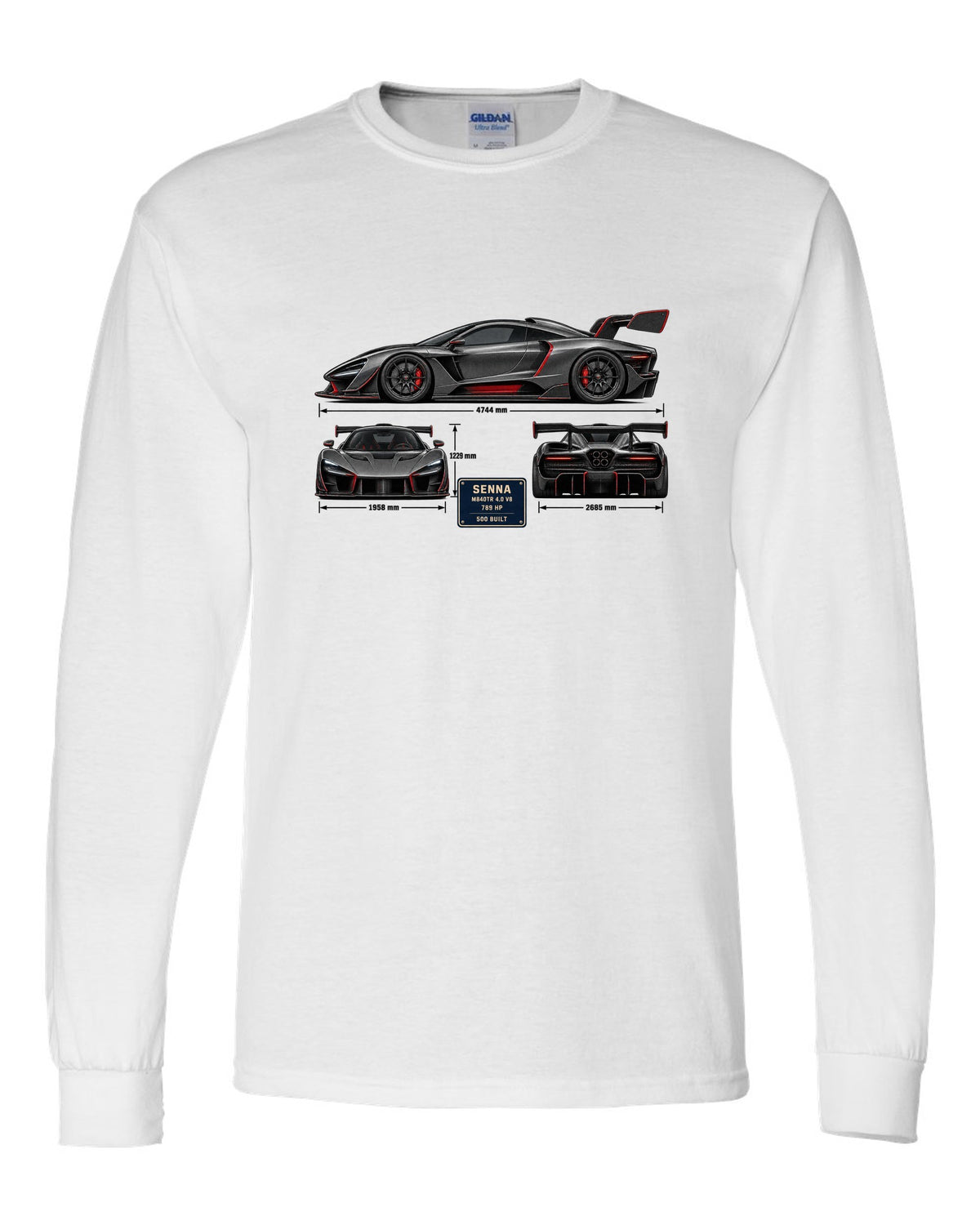 Three-view and spec table print of a McLaren Senna in graphite and red white long sleeve front view with the design