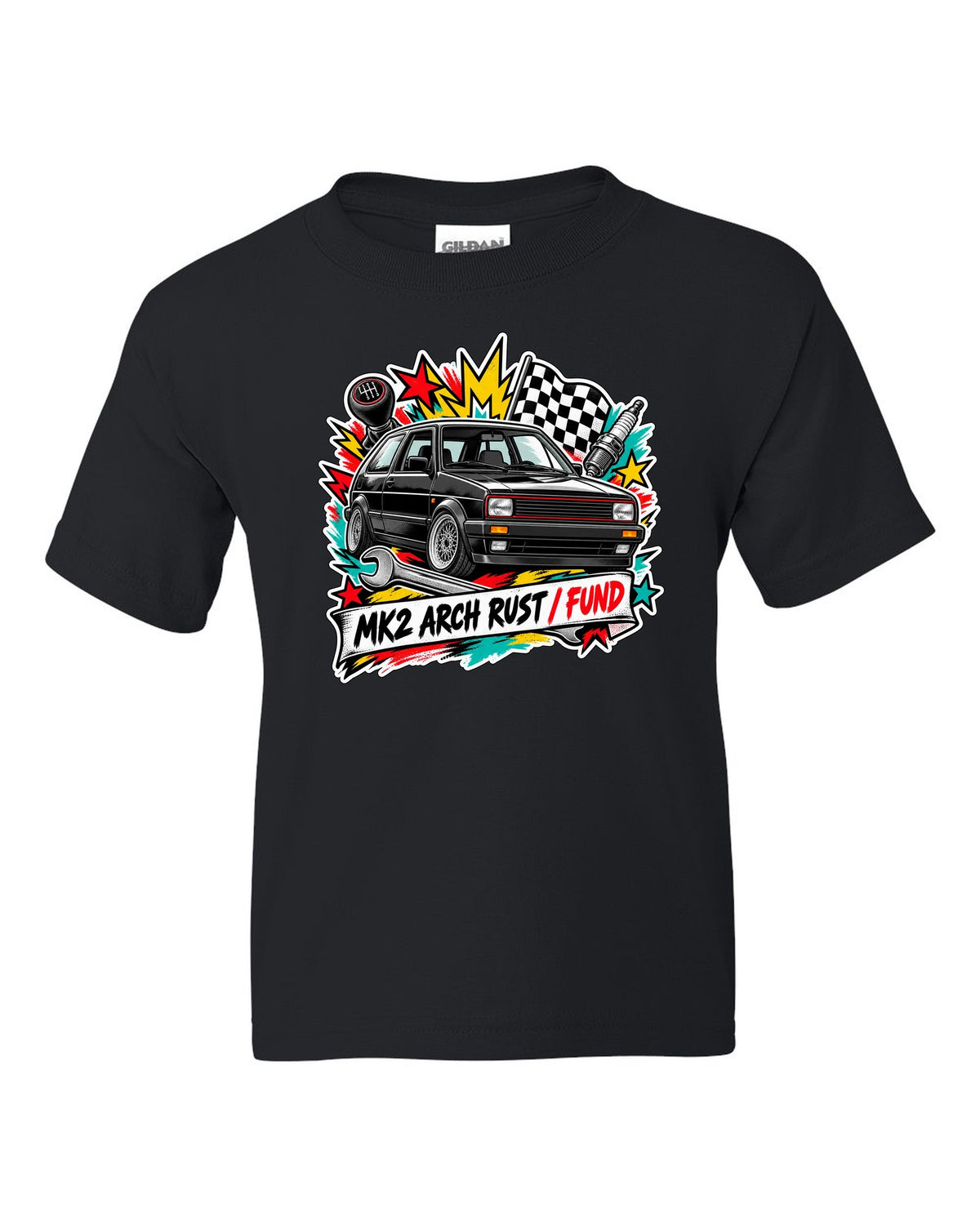 Sticker bomb collage print of a VW Golf Mk2 GTI with arch rust fund text black kids tee front view with the design