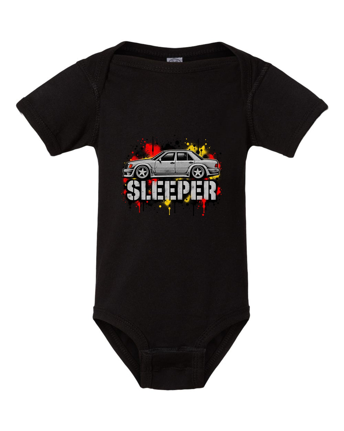 Embroidery-style varsity crest of a Mercedes 300E 5.6 Hammer W124 black baby onesie front view with the design