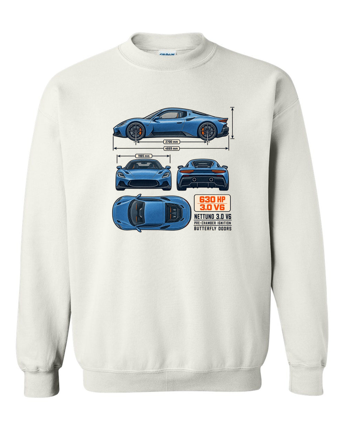 Maserati MC20 dimension blueprint print on a shirt white crewneck front view with the design