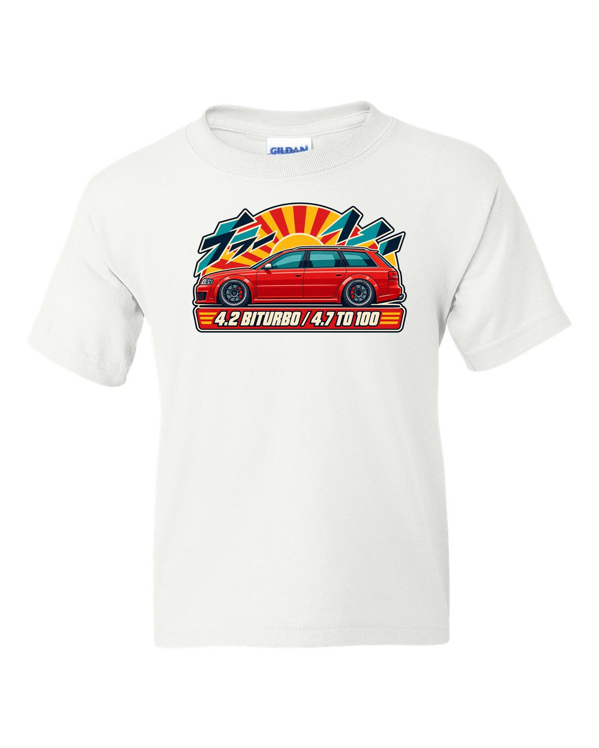 Retro Japanese catalogue ad style print of an Audi RS6 Avant C5 with 4.2 biturbo text white kids tee front view with the design