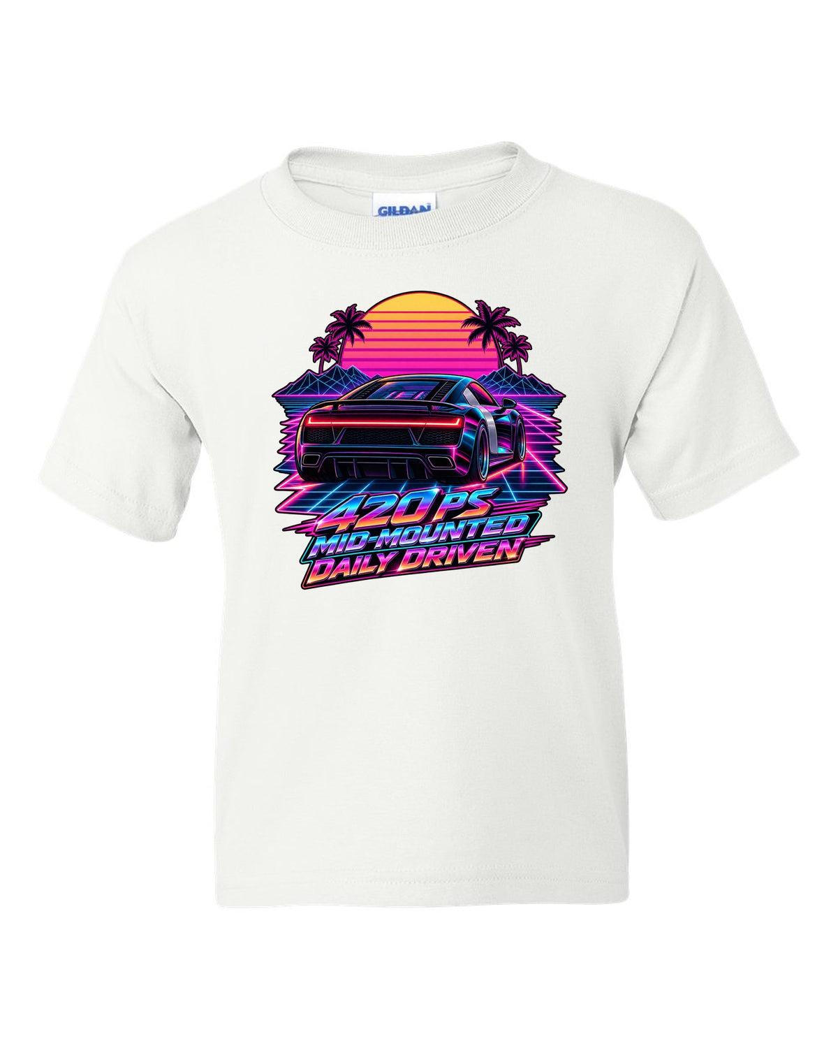 80s synthwave print of an Audi R8 Type 42 rear lights with Daily Driven text white kids tee front view with the design