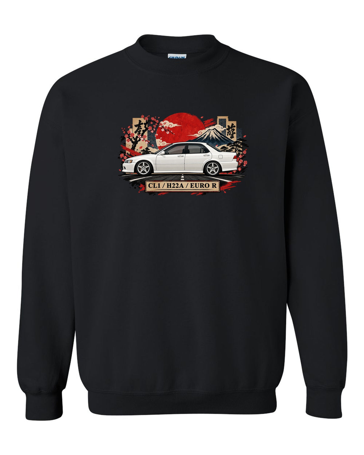 Japanese kanji plate collage print for the Honda Accord Euro R CL1 with H22A text black crewneck front view with the design