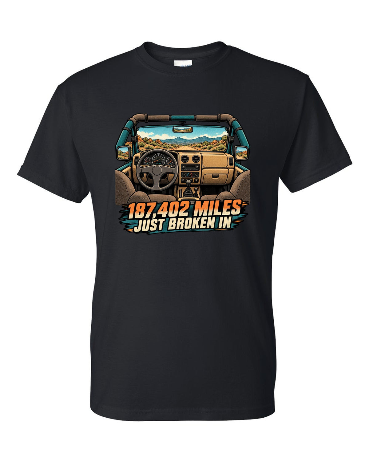 Halftone manga panel of a sun-faded Jeep Wrangler TJ dashboard with 187,402 MILES JUST BROKEN IN lettering black t-shirt front view with the design