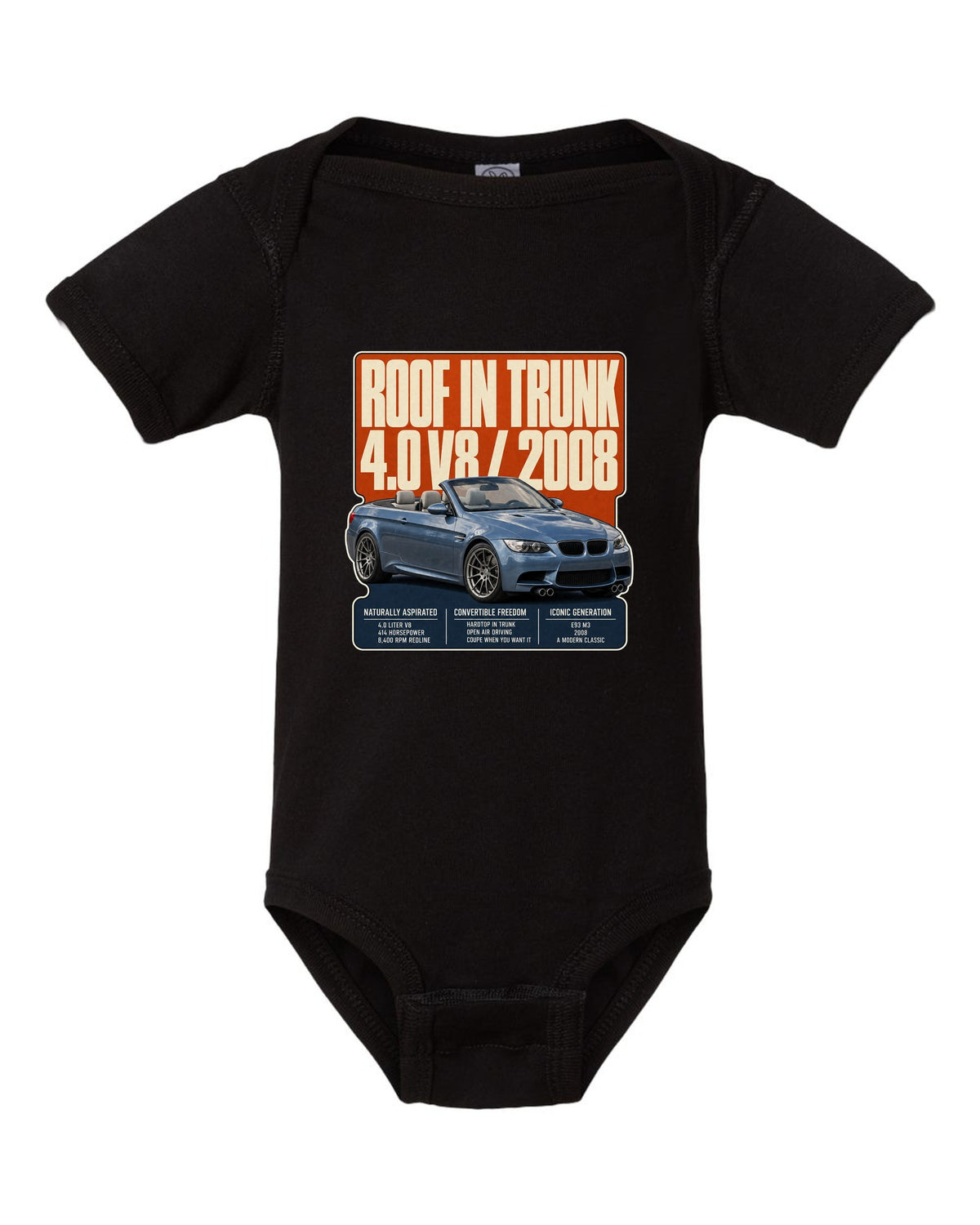 BMW M3 E93 convertible editorial headline print black baby onesie front view with the design