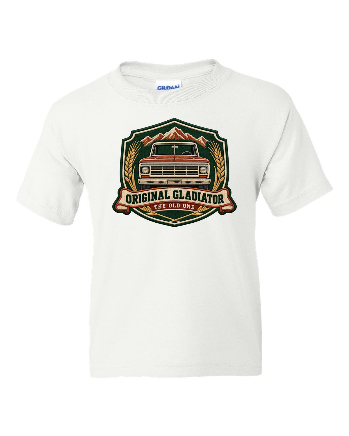 Embroidery-style shield crest print with Jeep Gladiator J-series pickup and the words The Old One white kids tee front view with the design
