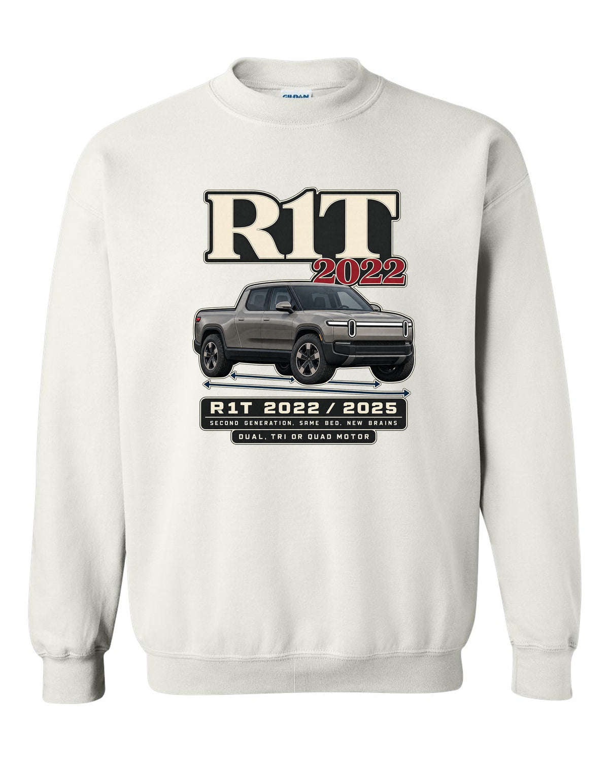 Archive panel print of a Rivian R1T Gen 2 with 2022 and 2025 model years white crewneck front view with the design