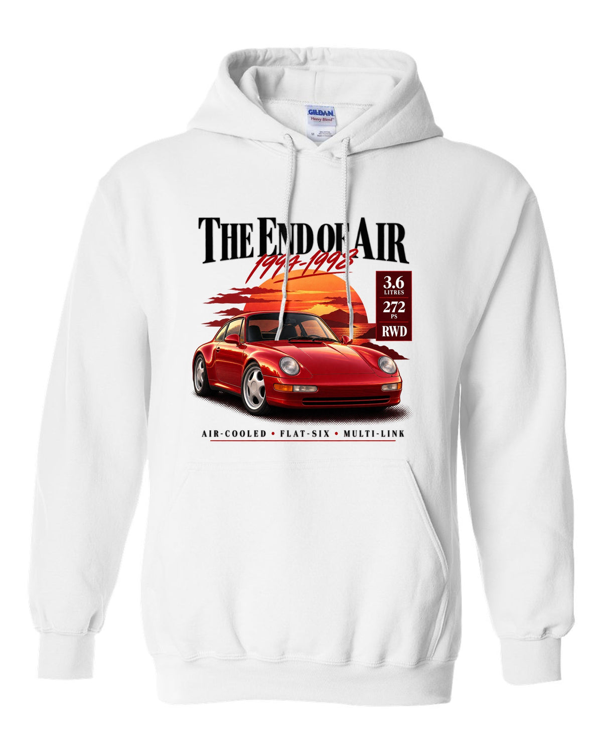 Archive panel print of a Porsche 911 Carrera (993) coupe with the heading The End Of Air and spec list white pull over hoodie front view with the design