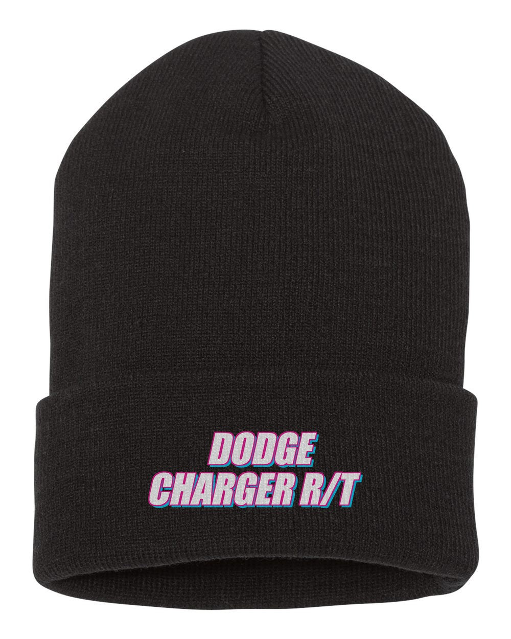 Dodge Charger R/T black beanie front view with car name