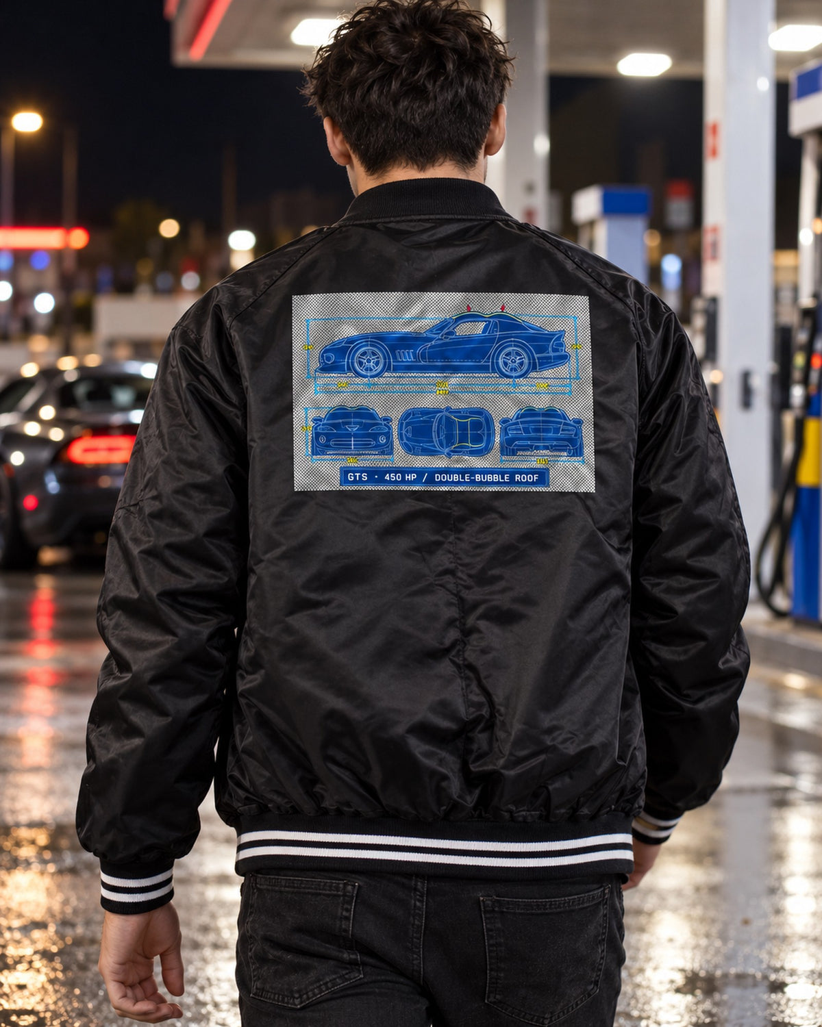 1996 Dodge Viper GTS SR II Cyanotype Blueprint Shirt Bomber Jacket Black worn hero