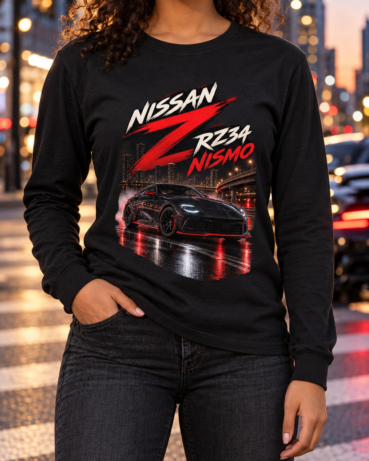 Nissan Z RZ34 Spec Poster Tee, 2022 Debut VR30DDTT Long Sleeve Black worn hero