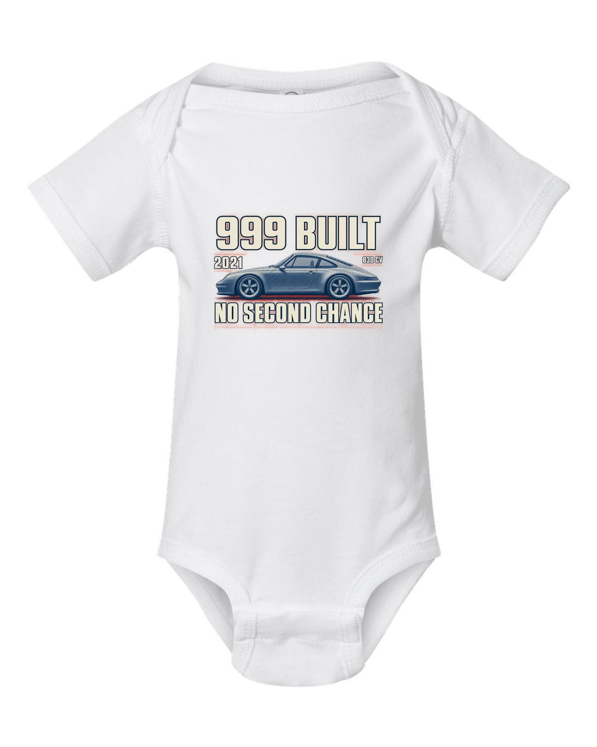 Ferrari 812 Competizione halftone print with 999 built, 2021 text white baby onesie front view with the design