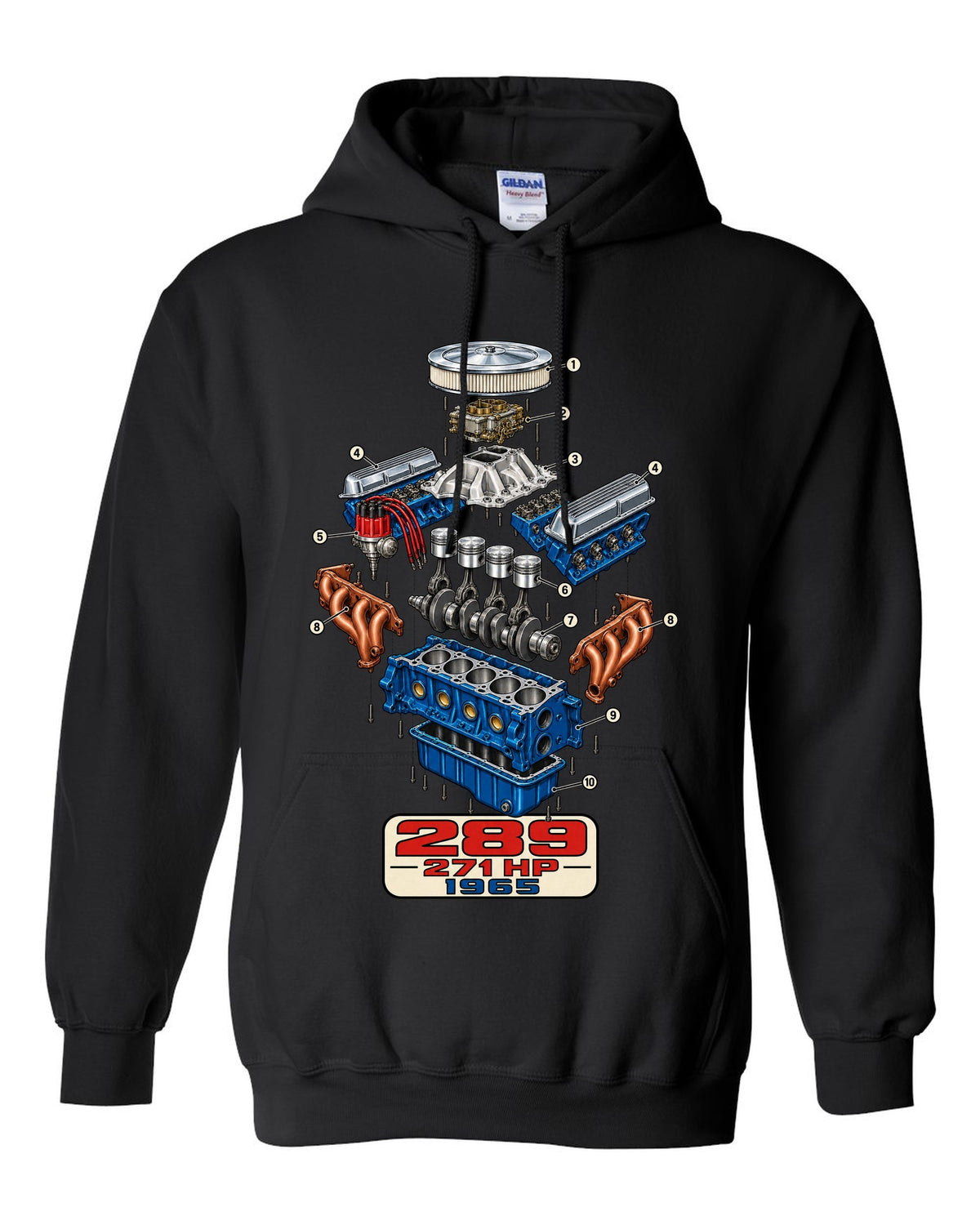 Cutaway exploded engine view print of a 1965 Ford Mustang 289 V8 black pull over hoodie front view with the design