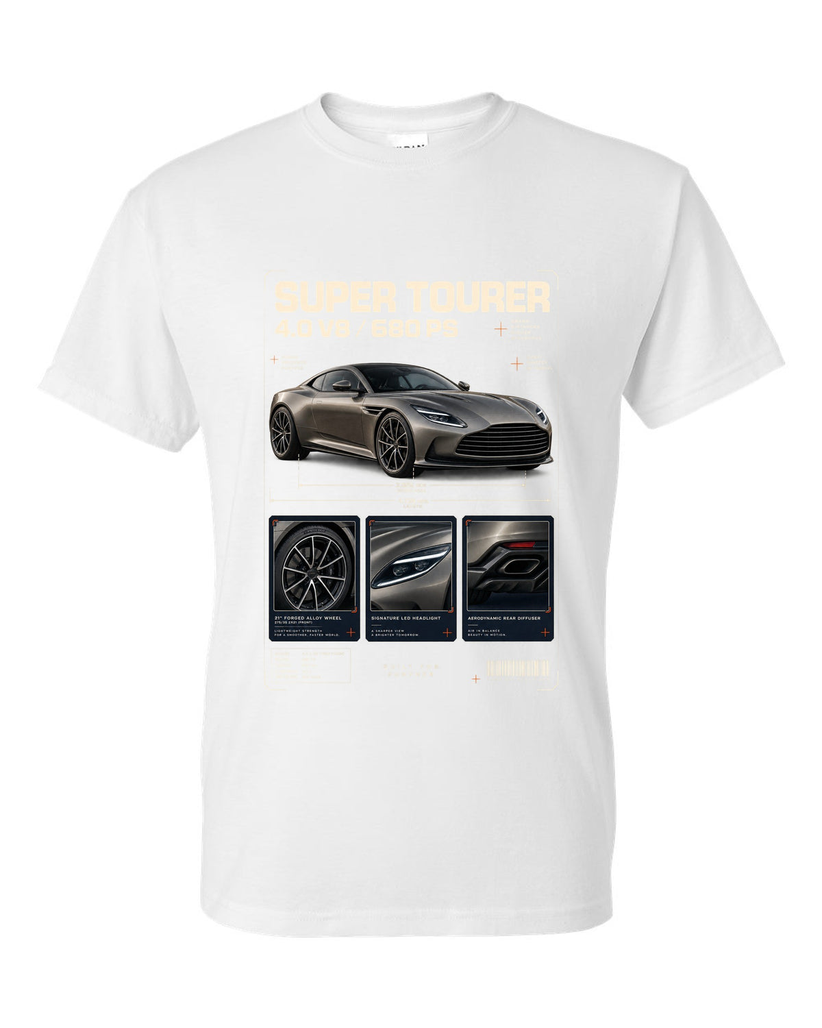 Aston Martin DB12 2023 dossier panels print with super tourer 4.0 V8 680 PS text white t-shirt front view with the design