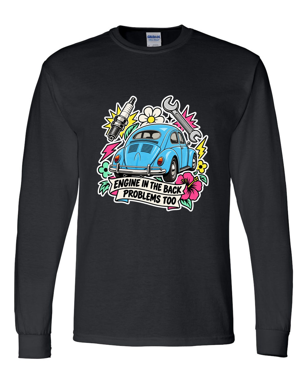 Sticker-bomb collage of a VW Beetle Type 1 with engine in the back lettering black long sleeve front view with the design