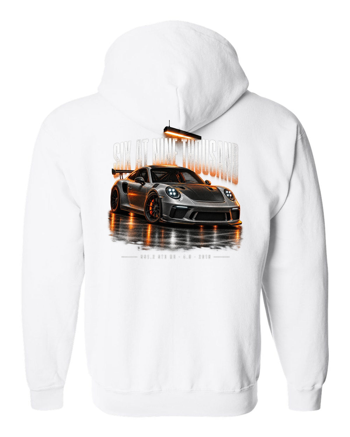 Garage night poster print of a 2018 Porsche 911 GT3 RS 991.2 white zip hoodie back view with the design