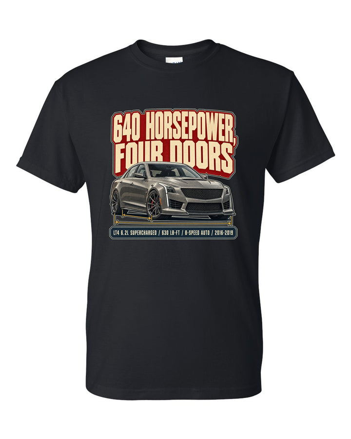Editorial headline print for a 2016-19 third generation Cadillac CTS-V black t-shirt front view with the design