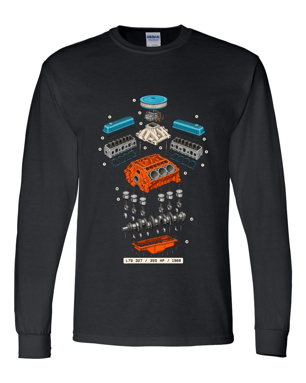 Exploded cutaway print of a 1968 Chevrolet Nova L79 327 engine with the text 350 HP, 1968 black long sleeve front view with the design