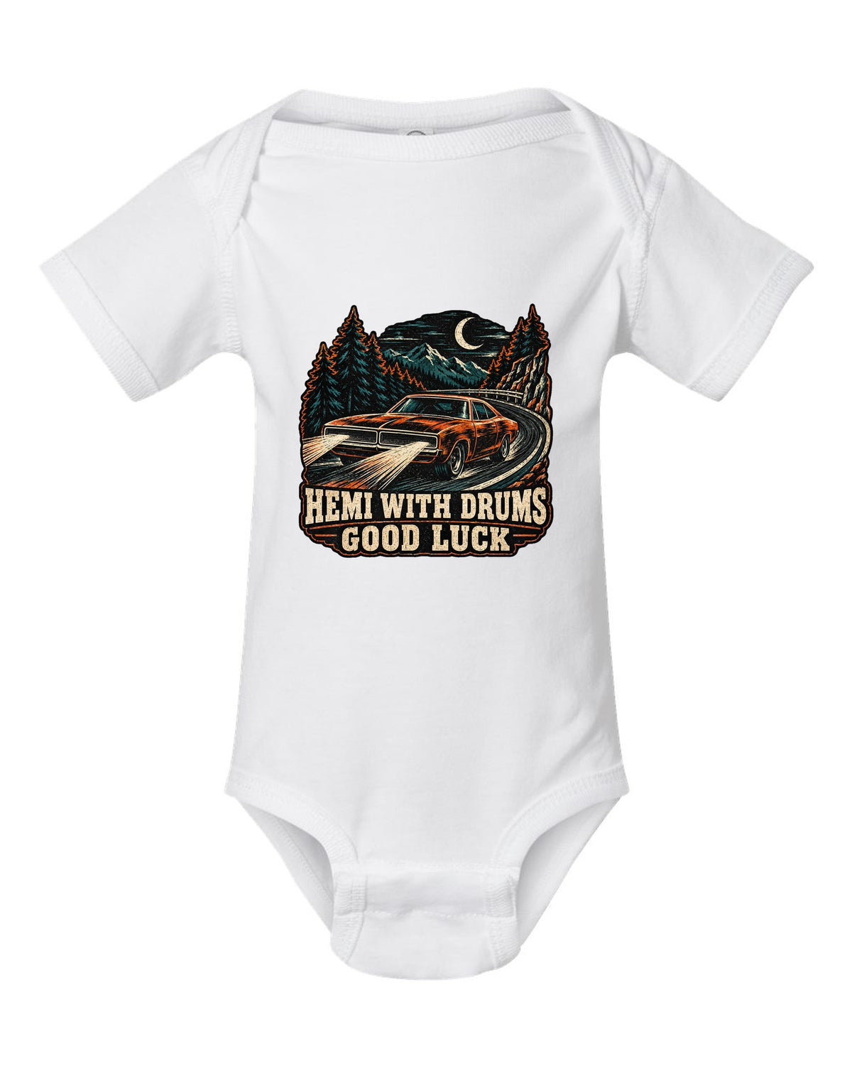 1968 Dodge Charger R/T multi-ink woodcut linocut print with Hemi With Drums Good Luck text white baby onesie front view with the design