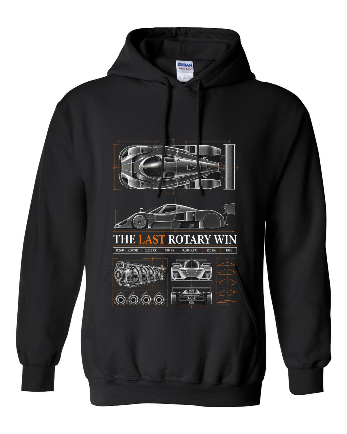 Spec poster print for the 1991 Mazda 787B with R26B four-rotor, 700 PS and 830 kg figures black pull over hoodie front view with the design