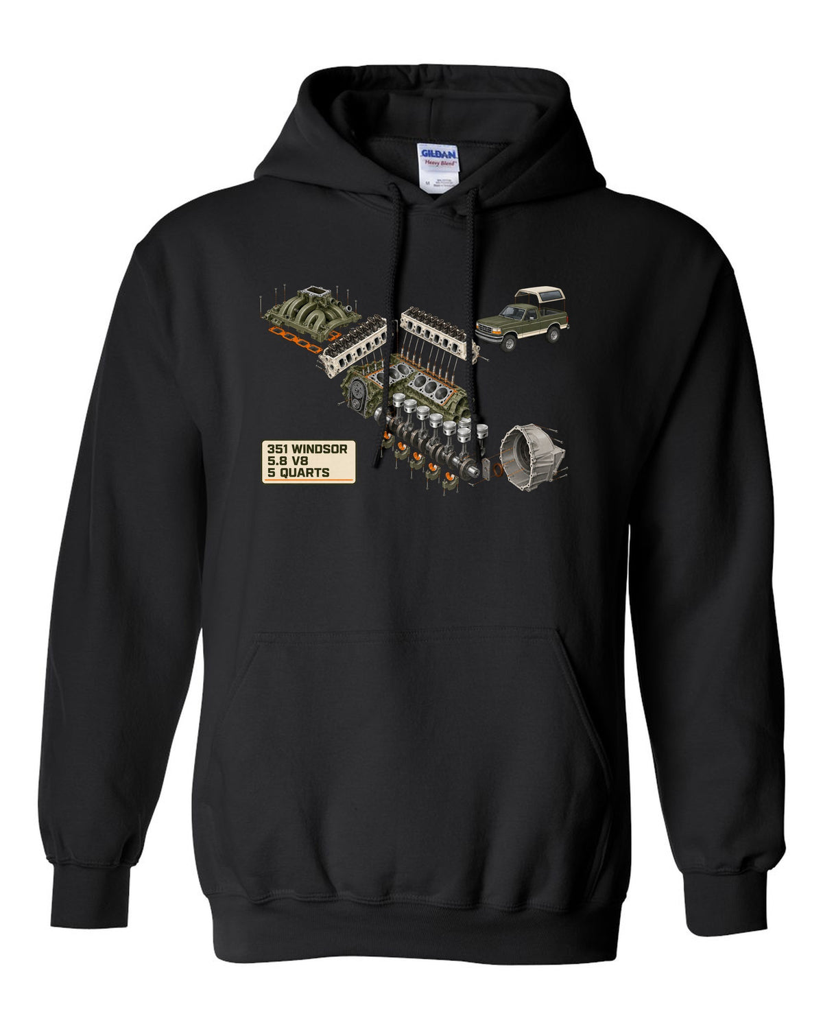Exploded cutaway diagram of a 1992-96 Ford Bronco OBS engine bay with 351 WINDSOR 5.8 V8 notes black pull over hoodie front view with the design