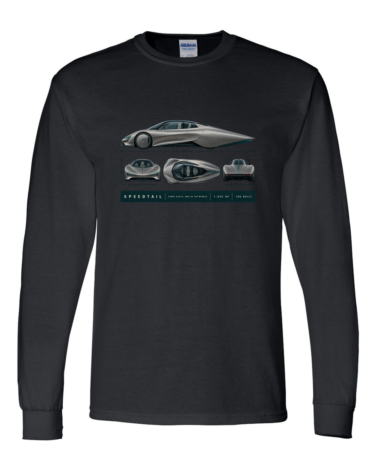 Warm grey and teal length blueprint print of a McLaren Speedtail black long sleeve front view with the design