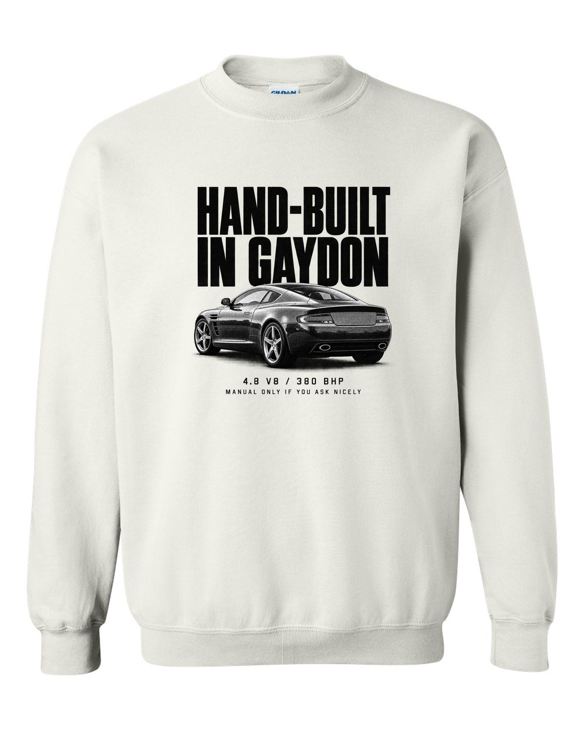 Aston Martin V8 Vantage 2005 halftone print with Gaydon text white crewneck front view with the design