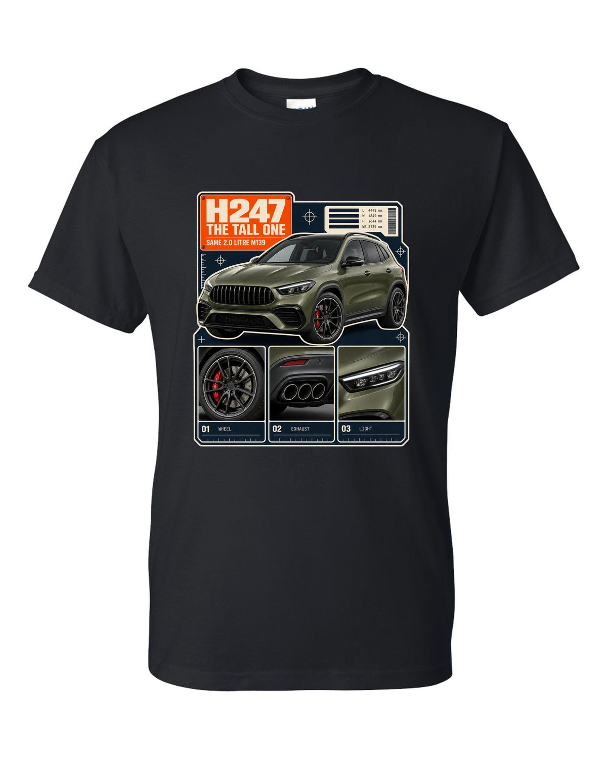 Mercedes-AMG GLA 45 S H247 dossier panel print black t-shirt front view with the design