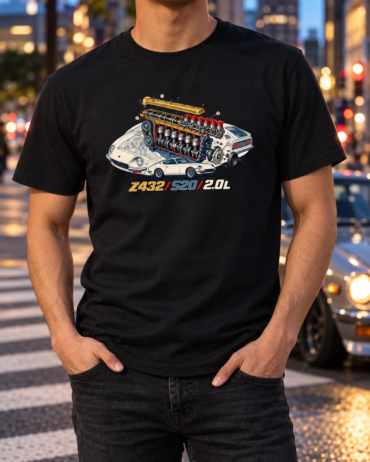 Z432 Exploded S20 Engine Cutaway Tee, Datsun S30 Print T-Shirt Black worn hero