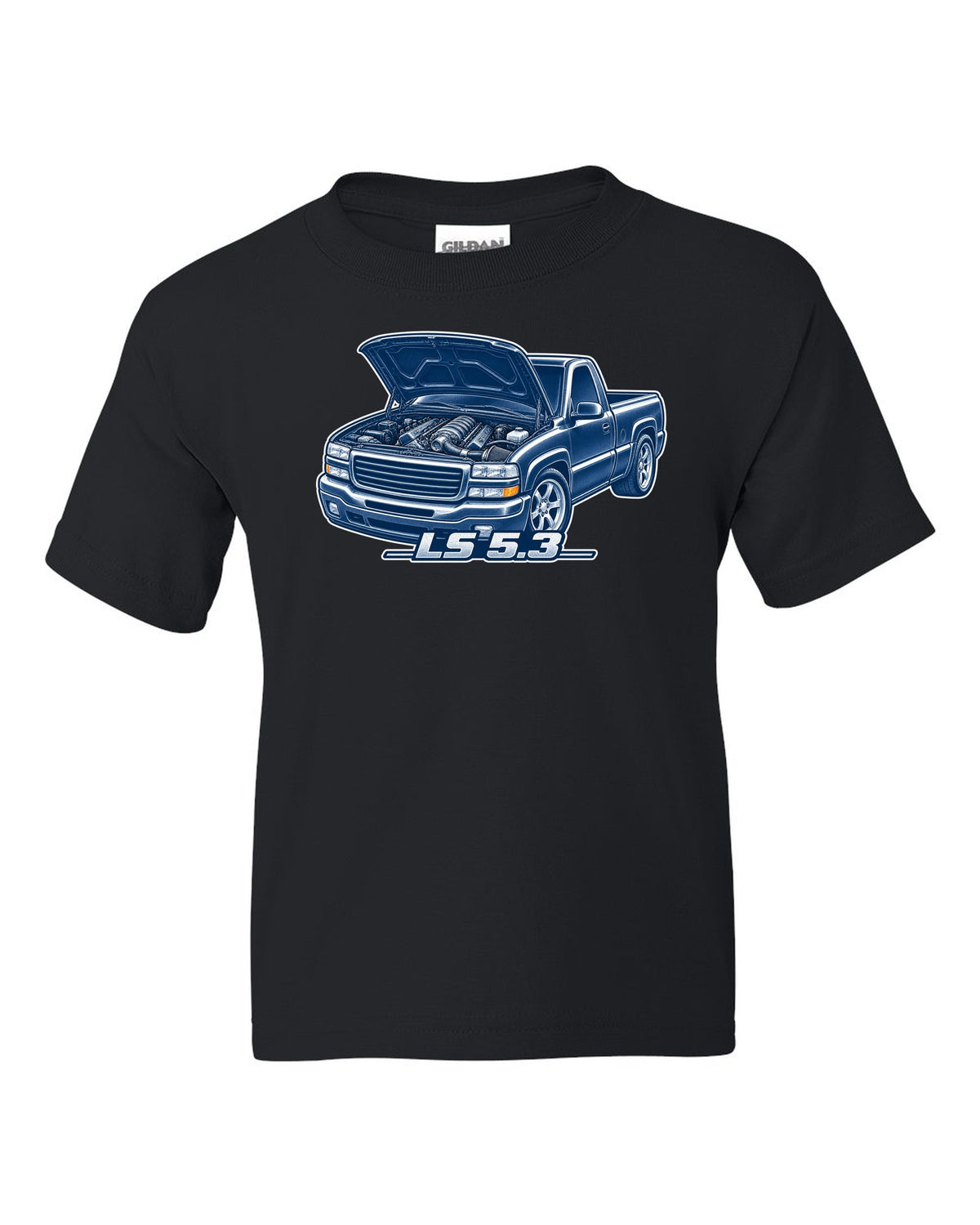 Cyanotype negative blueprint print of a 1999-2006 Chevrolet GMT800 NBS Silverado with LS 5.3 text black kids tee front view with the design