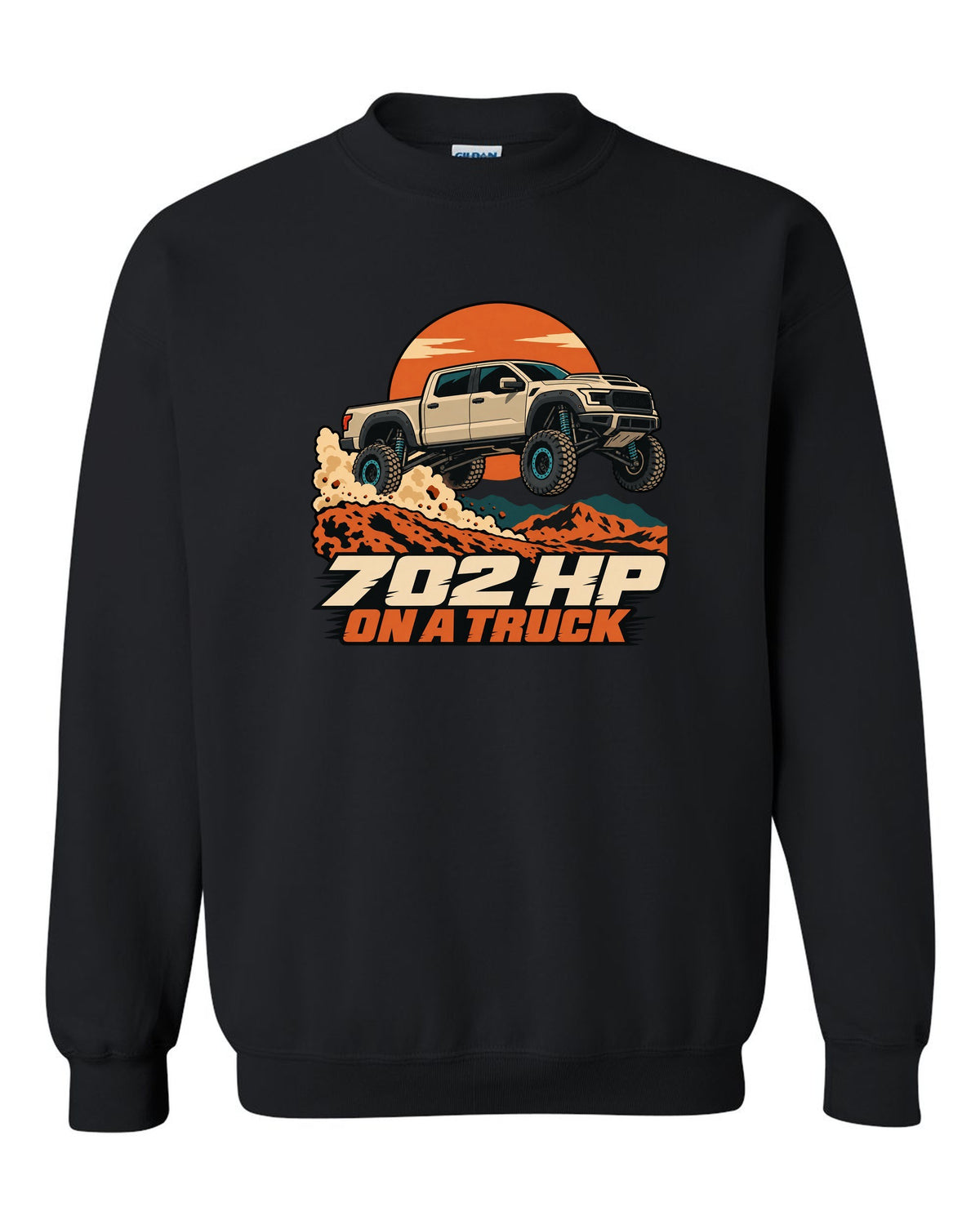 Vector poster print of a Ram 1500 TRX jumping a dune with the text 702 HP black crewneck front view with the design