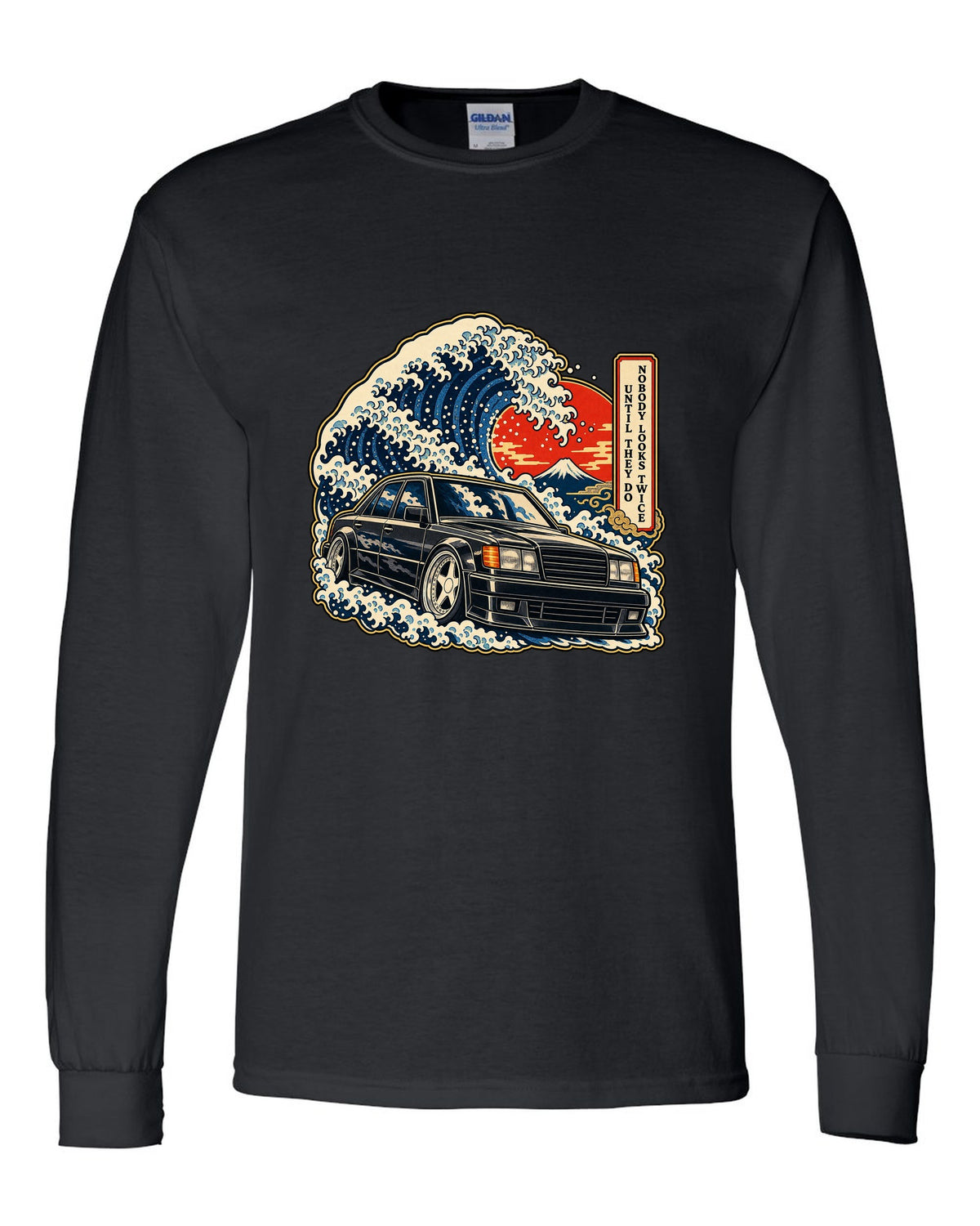 Ukiyo-e woodblock wave over a Mercedes 300E Hammer W124 with caption text black long sleeve front view with the design
