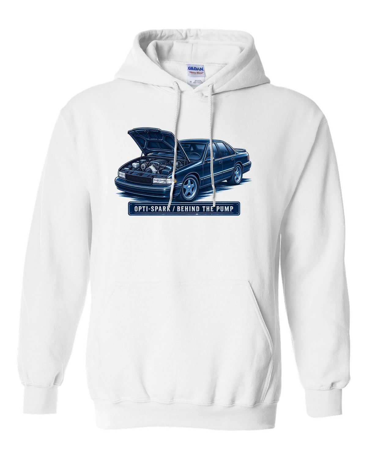 Cyanotype white-line illustration of a 1995 Chevrolet Impala SS with Opti-Spark lettering white pull over hoodie front view with the design