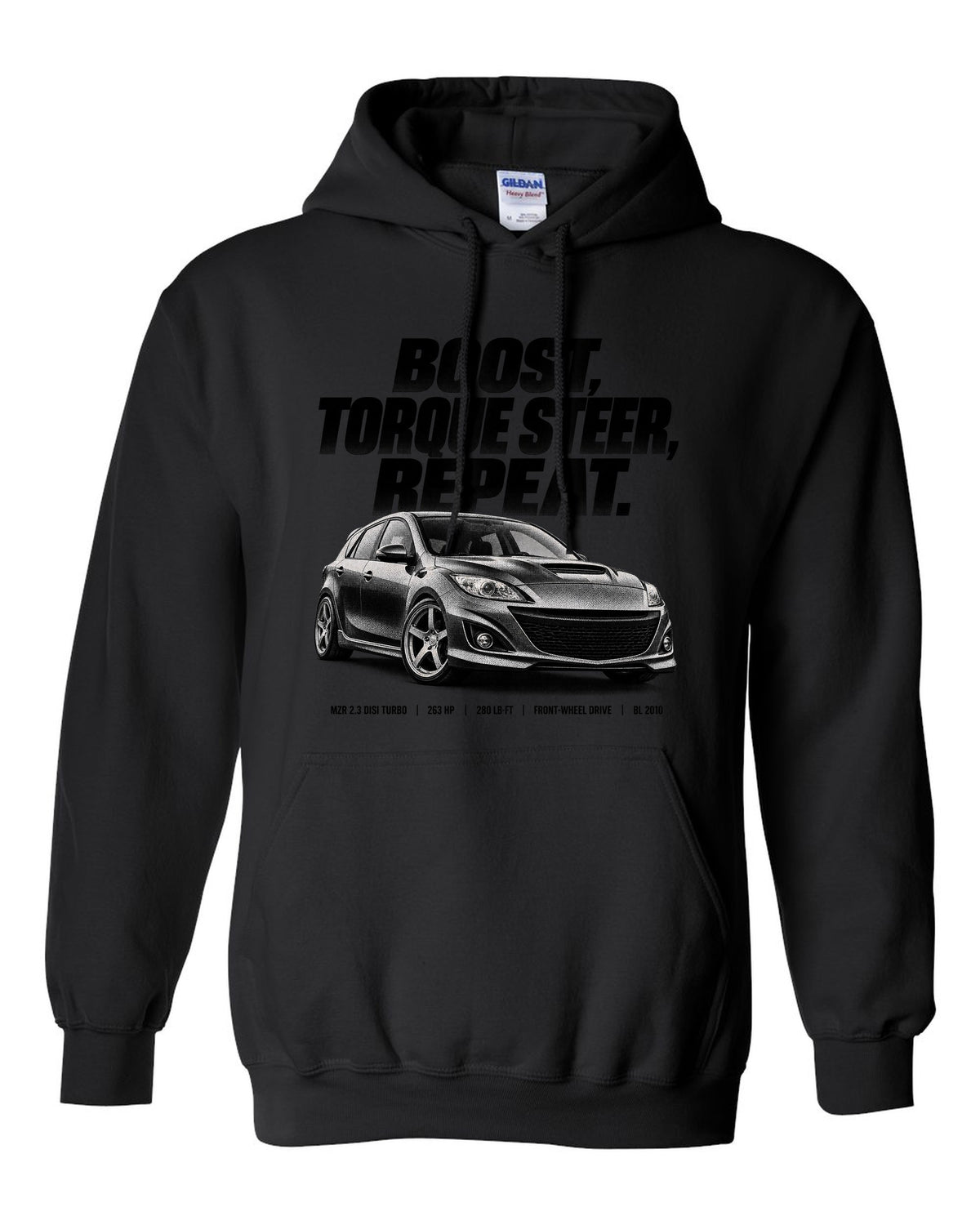 Halftone print for the 2010 Mazdaspeed3 BL reading boost, torque steer, repeat with MZR 2.3 DISI specs black pull over hoodie front view with the design